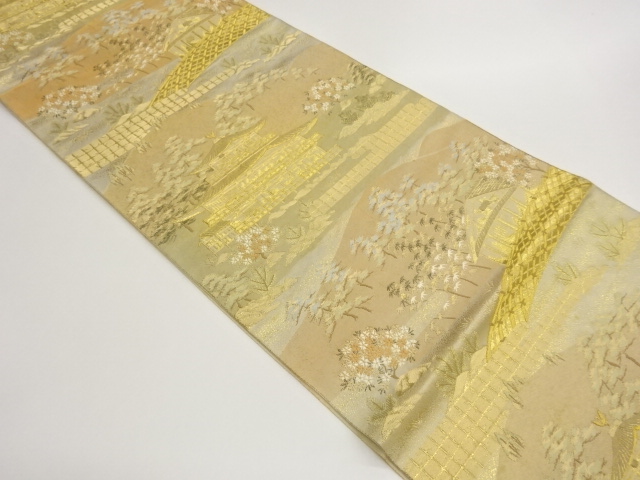 JAPANESE FUKURO OBI / WOVEN SCENERY OF TEMPLE / BY HATTORI ORIMONO